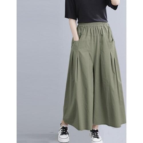 Johnature Casual Loose Wide Leg Pants For Women 2021 Summer New Elastic Waist Solid Color Ankle-legnth Female Pants