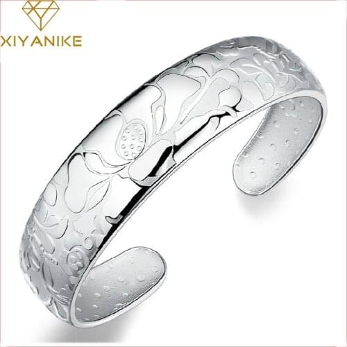 XIYANIKE 925 Sterling Silver Lotus Flower Width Bangles & Bracelet for Women Fashion Elegant Party Accessorie Jewelry Adjustable