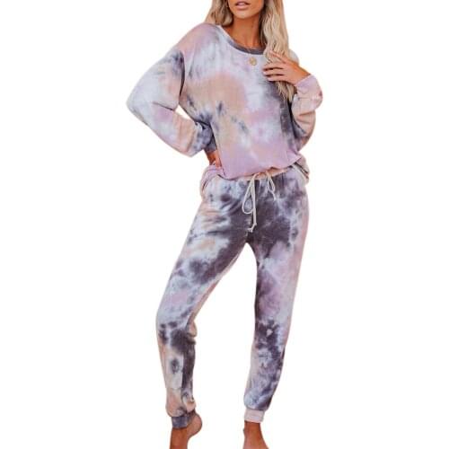Women Pajamas Tie Dye Patterns Long Sleeve Top Long High Waist Drawing Straps Elastic Pants Set