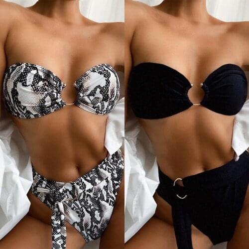 2021 Fashion New Swimsuit European and American Swimwear Ladies Split Tube Top Solid Color Snake Print Sexy High Waist Bikini