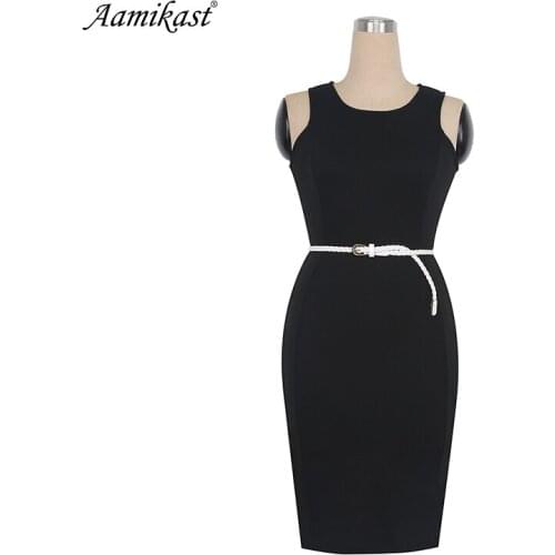 Aamikast 2019 Womens Elegant Sleeveless Belted Wear To Work Office Business Party Casual Summer Bodycon Slim Fitted Pencil Dress