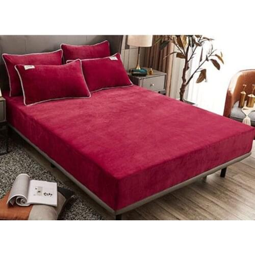 Winter warm solid flannel elastic band fitted sheet mattress cover super soft queen king size bed sheet