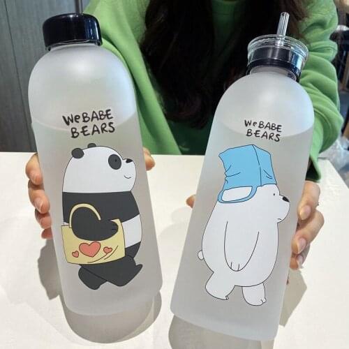 1000ml Bear Pattern Transparent Plastic Bottle Cartoon Frosted water Bottles Leak-proof Drinkware Panda Polar Bear Brown Cup