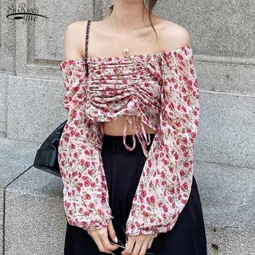2021 Spring Off Shoulder Chiffon Blouse Women Tops Streetwear Slash Neck Floral Shirts Women Puff Sleeve Female Clothing 13305