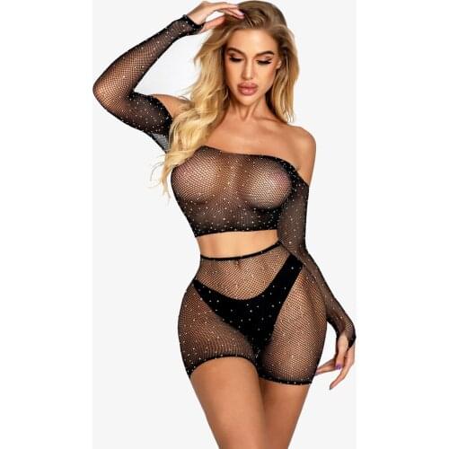 2021 2 Piece Set Women Fall New Sexy Club Outfits Long Sleeve Off The Shoulder Crop Top And Shorts Diamonds Mesh Two Piece Set