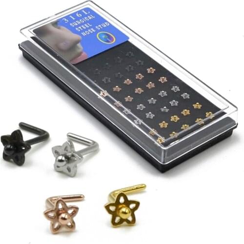 40pcs/Box Plated Stainless Steel Violet Flower Nose Ring Screw Studs L Shape Nose Piercing Jewelry 20G