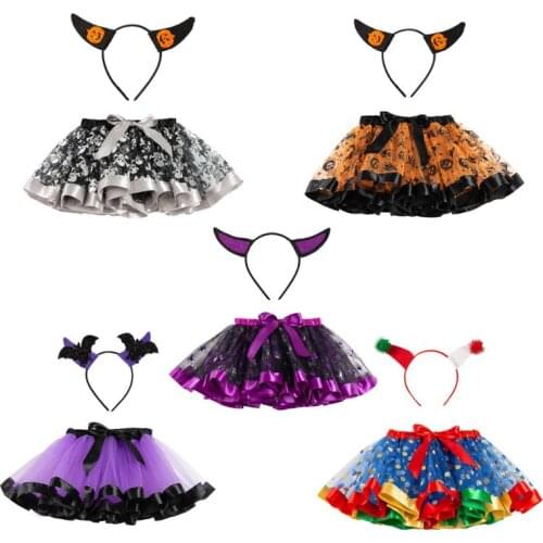 5 Colors Kids Girls Puffy Ruffles Tutu Skirt with Clown Ox Horn Headband Ballet Dance Pettiskirt Halloween Party Costume 2-12Y