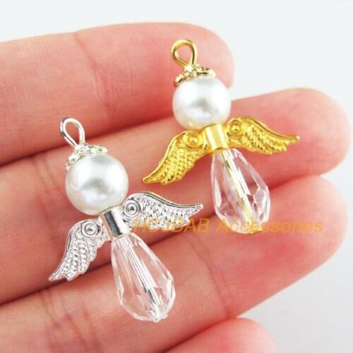 8Pcs Retro Gold Silver Plated White Crystal Angel Charms Pendants 23x29.5mm