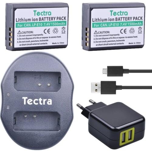 Tectra 2pcs LP-E10 LPE10 LP E10 Bateria + USB Dual Charger with AC Adapter for Canon 1100D 1200D 1300D Rebel T3 T5 KISS X50 X70