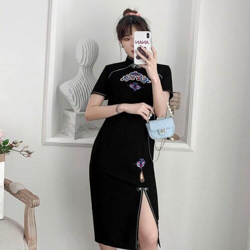 New Cheongsam Chinese Tradigant Black Embroidery Vintage Long Dresses Slim Short Sleeve Split Fork Thin Sexy Dress Party Clothes