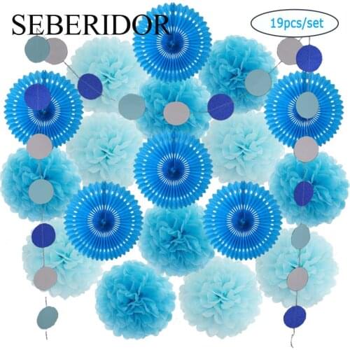 Kids Boy Mi Primera Comunion Party Favor Blue Set DIY Folding Paper Fans Tissue Flowers For Baby Baptism Girl 1st Birthday Decor