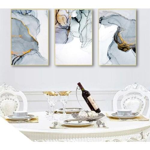 Smoke Art Print Wall Picture for Living Room Nordic Morden Abstract Blue-gray line Wall Art Canvas Painting Golden Blue