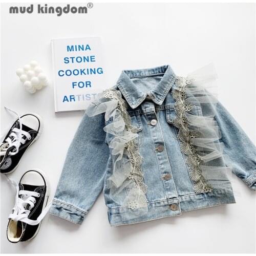 Mudkingdom Kids Denim Jacket Girls Lace Solid Turn-down Collar Long Sleeve Button Tops for Girl Spring Autumn Casual Outerwear