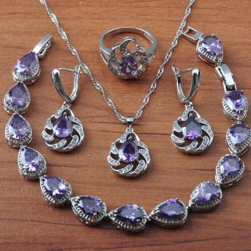 Natural Purple Crystal Silver Plated Jewelry Sets For Women Bridal Jewelry Bracelet Earrings Set Christmas Gift JS0633
