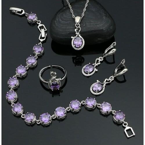 Open Ring Pendant Earrings Bracelet Necklace 925 Silver Jewelry Set Oval Purple Cubic Zirconia Anniversary Gift for Girls