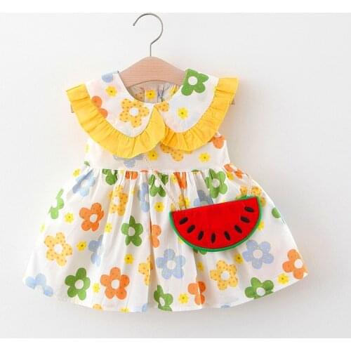 Summer Baby girls Cute Flower Print A-line Dress Children Sweet Lapel Dress + Bag 2pcs Set kids baby girl cloths