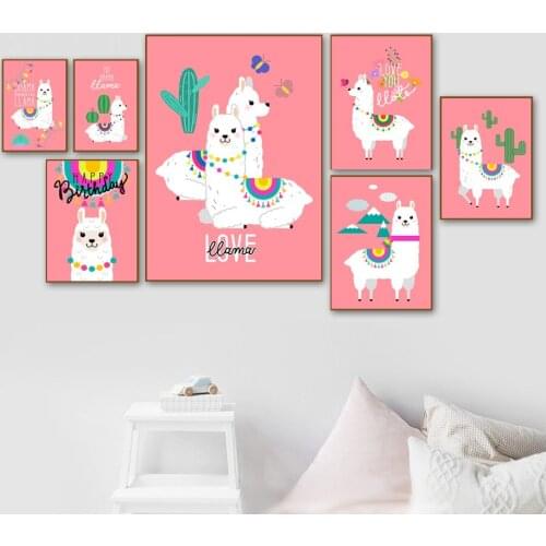 Cute Animals Llama Alpaca Cactus Nursery Wall Art Canvas Painting Nordic Posters And Prints Wall Pictures Baby Kids Room Decor
