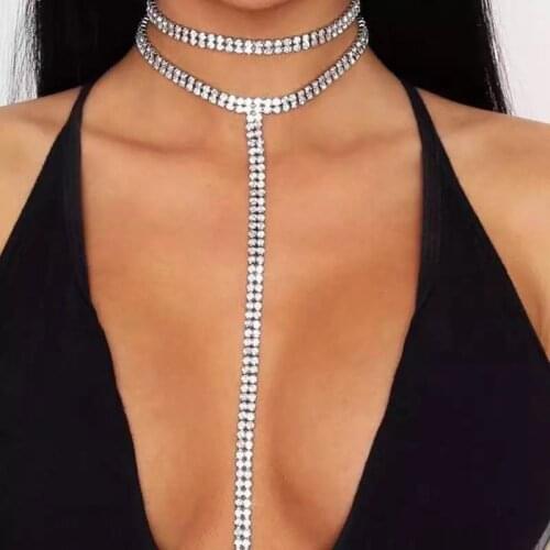 Fashion shining Rhinestone Necklace long tassel sexy crystal simple double Necklace luxury Necklace Jewelry Party accessories