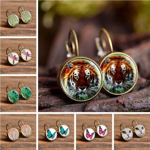 Fashion Art Stud Earrings Jewelry Comic Animals Picture Glass Dome Studs Vintage Earings Handmade Gift for Women