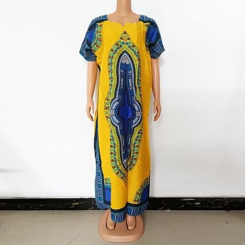 Dubai Muslim Dress Cotton Dashiki Printed African Kaftan Islam Clothing Women V Neck Long Maxi Dresses 2021
