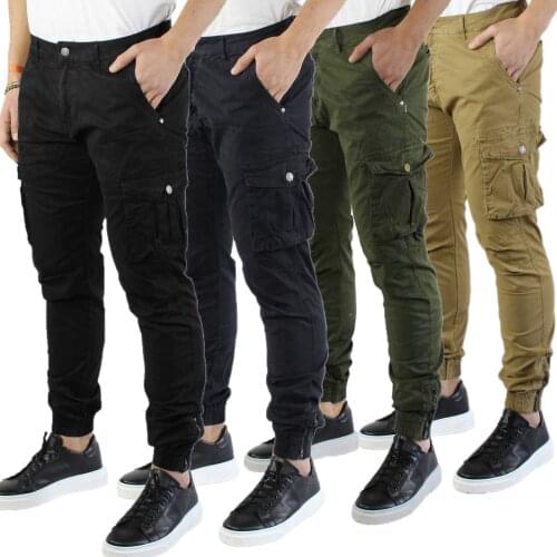 Man Cargo pants side pockets Slim Fit army green blue black beige