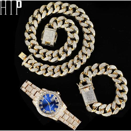 Hip Hop 20MM 3PCS KIT Watch+Necklace+Bracelet Bling Crystal AAA+ Iced Out Cuban Rhinestones Chains For Women Men Jewelry