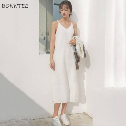 Sleepshirts Women Solid Mid-calf Spaghetti Strap Simple Fashion Loose Soft Home Wear Casual Daily Korean Style Female Summer New