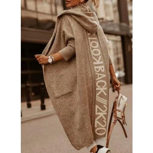 New Womens Knitted Mid-length Sweaters Y2k Hooded Cardigan Letter Stitching Knitted Sweater Women Jacket Korean Fashion