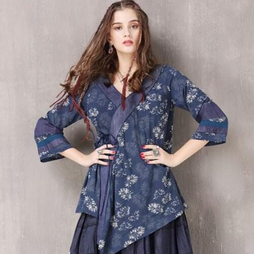 Autumn Spring Womens Female Loose Irregular V Enck 3/4 Sleeve Printed Floral Pattern Blouse Shirts , 2019 Casual Women Blouses