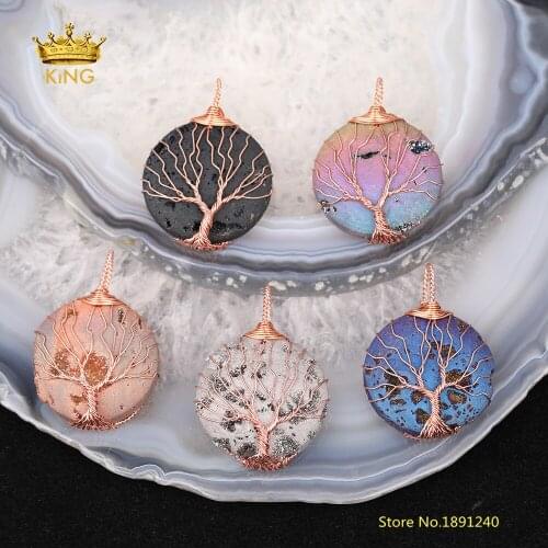 5pcs 32mm Tree of Life Druzy Pendant,Wire Wrapped Rose Gold Copper Raw Drusy Agates Coin Energy Charms for Jewelry Making