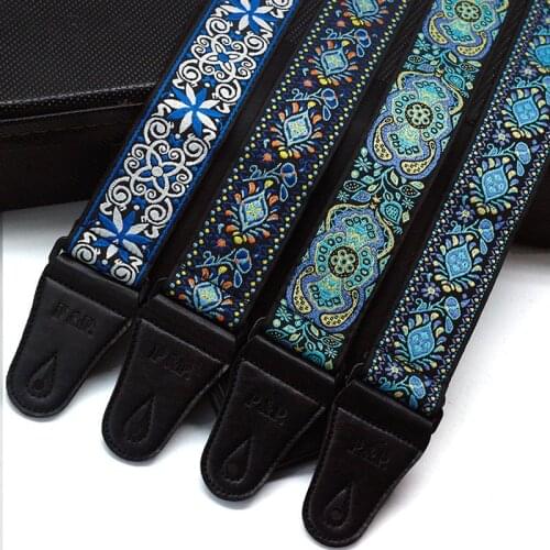 Vintage Flowers Guitar Ukulele Strap Acoustic Electric Guitar Strap Woven Embroidery Fabrics Leather Ends Strap