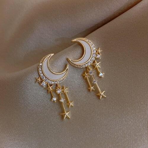 New Arrival Rhinestone Trendy Geometric Dangle Earrings Gold Color Metal Moon Star Shape Elegant Party Jewelry For Women