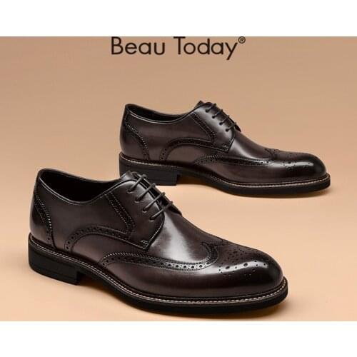 BeauToday Men Dress Shoes Genuine Cow Leather Waxing Pointed Toe Lace-Up Closure Business Gentleman Brogue Shoes Handmade 51054