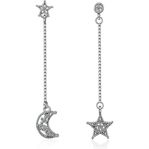 Luxury Shiny Cubic Zirconia Asymmetric Moon & Star 925 Sterling Silver Ladies`tassel Long Stud Earrings Jewelry For Women Girls