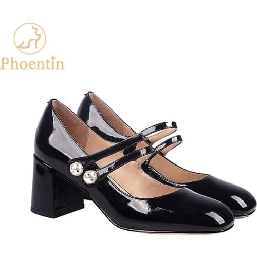 Phoentin genuine leather Mary jane pump 2020 spring crystal pearl elastic band strap shoes woman square toes chuncky heels FT827