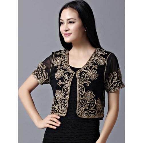 Muslim Style Summer Thin Short Sleeve V Neck Womens Cardigan Bolero Embroidery Floral Rhinestone Lace Mesh Shrugs Jacket