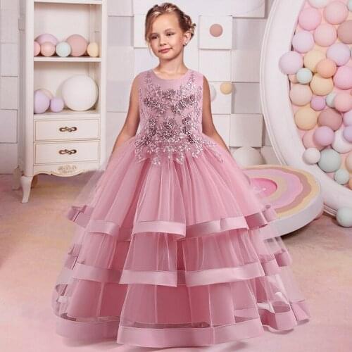 2021 Summer Bridesmaid Girl Dress Elegant Kids Dresses For Girls Children Clothes Wedding Princess Lace Floral Dress 10 12 Years