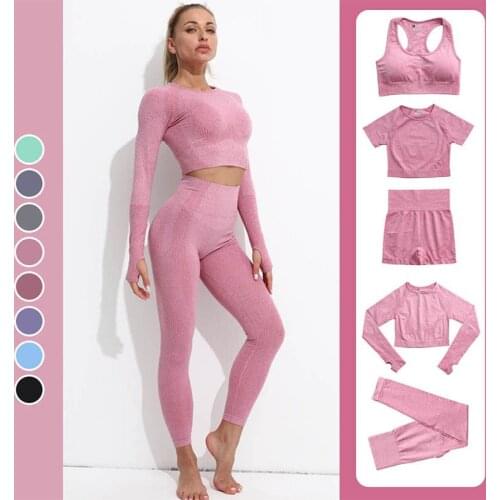 5PCS Seamless Women Yoga Set Workout Sportswear Gym Clothing Fitness Bra Crop Top Long Sleeve High Waist Leggings Sports Suits