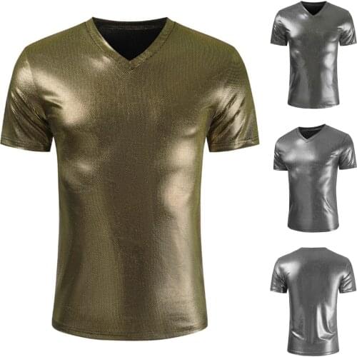 64# Summer Mens Metallic Shiny Leather T-shirt Dance Top Shirt Short Sleeve Blouse Clubwear V Neck Casual Slim Fit Solid Tops