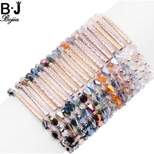 BOJIU Boho Faceted Bicone Crystal Beads Customized Bracelets For Women Elastic Gold Copper Tube Bracelet Femme Bijoux Gift BC343