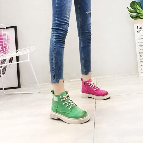 Spring Frosted Pig Split Leather Martin Boots Female Boots Fashion Preppy Style Womens Shoes Round Toe Flat Heels OULYYYOGO