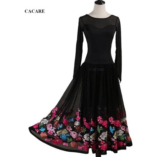 CACARE Ballroom Dance Competition Dresses Waltz Dress Standard Dance Dresses D0949 Mesh Sleeve Big Embroidered Ruffled Hem