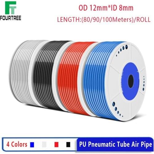 80/90/100 Meters Roll OD12mm*ID8mm Pneumatic PU Hose Black Transport Red Blue Air Tube Component Pipe for Compressor