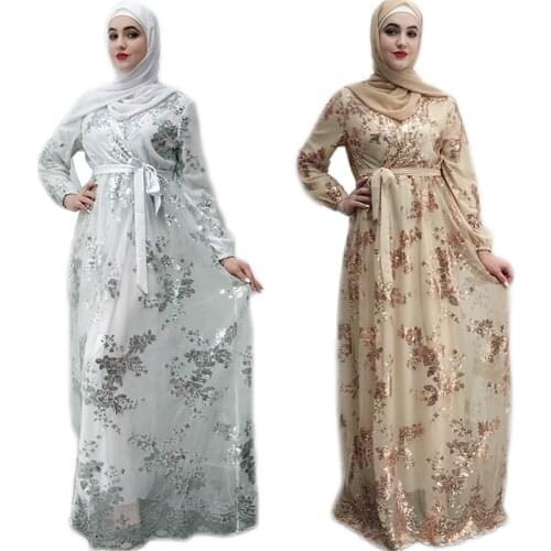 Elegant Muslim Women Lace Long Dress Sequins Islamic Ramadan Arabic Abaya Caftan Dubai Middle East Maxi Robe Gown Party Fashion