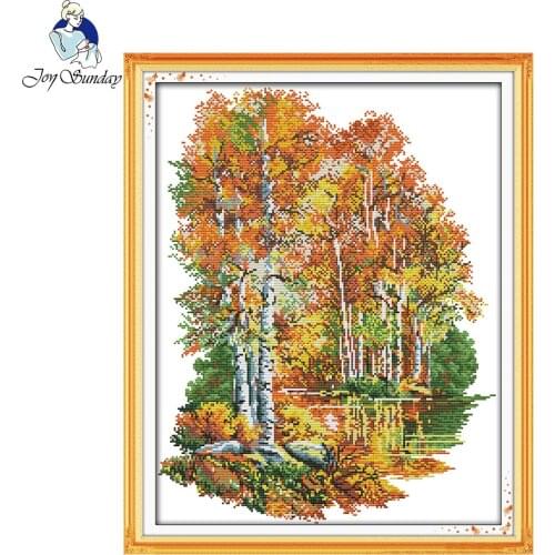 Joy Sunday scenic style In the autumn of birches 14CT and 11CT printable cross stitch patterns embroidery kits for sale