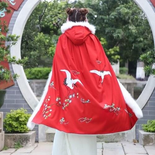 Chinese Cloak Han Fu Winter Warm Chinese Clothing Store Vintage Huke Hoodie Embroidery Red Chinese Traditional Costume TA1229