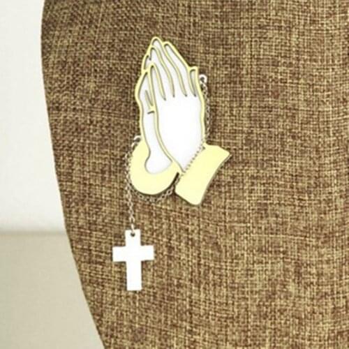 Christian Praying Hand Cross Acrylic Brooch Creative Fashion Wild Jesus Hand Corsage Collar Needle Pious Prayer Jewelry Gift