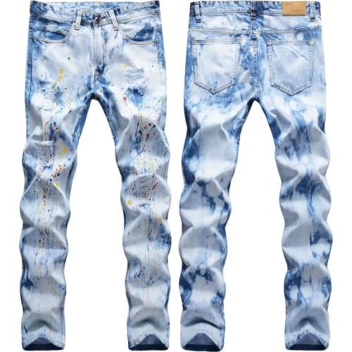Streetwear Stylish Ripped Jeans Men Hand-painted Sputter Splash Ink Hole Irregular Bleaching Point Denim Pants Jeans Light Blue