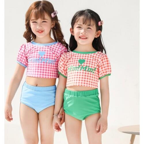 New Short Sleeve Plaid Print Swimsuit for Girls Kids Swimwear UV Protection 50+ Two-Piece Youth Childrens Beach Bathing Suits