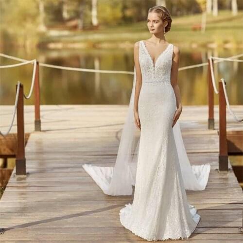 Beach Mermaid Wedding Dresses Lace V Neck Sexy Open V-cut Back Boho Bridal Gowns Backless vestido de novia 2021
